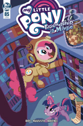 Size: 2063x3131 | Tagged: safe, artist:castpixel, derpibooru import, idw, pinkie pie, twilight sparkle, twilight sparkle (alicorn), alicorn, earth pony, pony, spoiler:comic, spoiler:comic85, cookie, cover, diving suit, food, library, pixel art