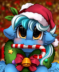 Size: 1446x1764 | Tagged: safe, artist:pridark, derpibooru import, oc, oc:wind sail, pegasus, pony, bell, blushing, candy, candy cane, christmas, commission, cute, food, hat, holiday, male, mouth hold, ocbetes, pridark's christmas ponies, santa hat, solo, wreath, ych result