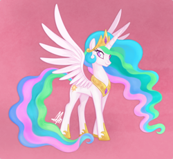 Size: 500x459 | Tagged: safe, artist:mn27, derpibooru import, princess celestia, alicorn, pony, collar, colored pupils, crown, cute, cutelestia, female, hoof shoes, jewelry, mare, necklace, pink background, regalia, simple background, solo, spread wings, wings