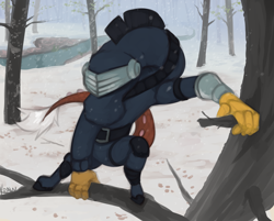 Size: 2194x1762 | Tagged: safe, artist:marsminer, discord, draconequus, best gift ever, bare tree, forest, g.i. joe, male, ninja, river, scene interpretation, snake eyes, snow, snowfall, solo, tree, tree branch, winter