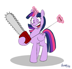 Size: 1429x1379 | Tagged: safe, artist:quinntonic, derpibooru import, twilight sparkle, twilight sparkle (alicorn), alicorn, pony, chainsaw, crazy face, faic, glowing horn, horn, magic, signature, simple background, solo, telekinesis, this will end in death, this will end in tears, this will end in tears and/or death