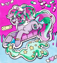 Size: 1461x1634 | Tagged: safe, artist:imaranx, derpibooru import, oc, oc only, oc:toxicpills, earth pony, pony, bandaid, cute, happy, hat, marker drawing, menhera, nurse hat, pills, solo, stiched, stiches, syringe, traditional art