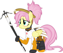 Size: 2427x2040 | Tagged: safe, artist:anime-equestria, derpibooru import, fluttershy, pegasus, pony, alternate hairstyle, blushing, boots, crossover, cute, female, hairband, halo, happy, mercy, mercyshy, overwatch, ponytail, shiny, shoes, shyabetes, simple background, smiling, solo, staff, transparent background, vector, wings