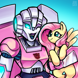 Size: 711x711 | Tagged: safe, artist:goodmode, fluttershy, pegasus, pony, arcee, crossover, cute, duo, female, looking at each other, smiling, transformers, transformers cyberverse