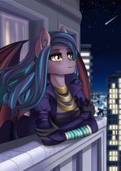 Size: 2480x3508 | Tagged: safe, alternate version, artist:lifejoyart, derpibooru import, oc, oc only, oc:dawn sentry, anthro, bat pony, anthro oc, bat pony oc, bat wings, blushing, city, clothes, commission, cyberpunk, digital art, dress, dyed hair, ear fluff, female, looking up, mare, night, night sky, shooting star, sky, smiling, solo, stars, trenchcoat, wings