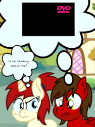 Size: 700x933 | Tagged: safe, artist:toyminator900, derpibooru import, oc, oc only, oc:chip, oc:silver draw, pegasus, pony, unicorn, animated, duo, dvd, freckles, gif, thought bubble