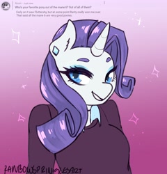 Size: 2500x2600 | Tagged: safe, artist:rainbowsprinklesart, rarity, anthro, clothes, ear piercing, favorite pony, female, piercing, smiling, solo, sweater, text