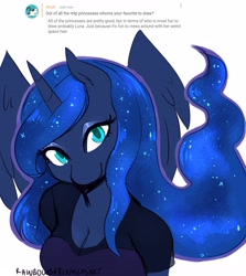 Size: 2500x2800 | Tagged: safe, artist:rainbowsprinklesart, princess luna, anthro, breasts, bust, cleavage, clothes, colored pupils, curious cat, cute, female, looking at you, lunabetes, princess balloona, shirt, solo, t-shirt, text