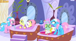 Size: 1099x597 | Tagged: safe, screencap, aloe, fluttershy, lotus blossom, rarity, pegasus, pony, unicorn, green isn't your color, mud mask, spa, spa twins