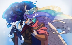 Size: 1600x1019 | Tagged: safe, artist:yuyusunshine, derpibooru import, princess celestia, princess luna, alicorn, anthro, cellphone, clothes, duo, female, mare, phone, royal sisters, scarf, siblings, sisters, smartphone, winter outfit