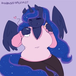 Size: 3000x3000 | Tagged: safe, artist:rainbowsprinklesart, princess luna, alicorn, anthro, chest fluff, chubby, cleavage fluff, clothes, cookie, cute, eating, ethereal mane, female, food, glass, heart, lunabetes, milk, plump, princess balloona, simple background, smiling, starry mane, sweater, thick