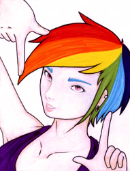 Size: 2495x3261 | Tagged: safe, artist:dantethehuman, rainbow dash, human, earring, frame, humanized, looking at you, solo