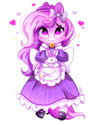 Size: 800x1005 | Tagged: safe, artist:ipun, derpibooru import, oc, oc only, semi-anthro, apron, bell, bell collar, bow, clothes, collar, cute, deviantart watermark, dress, female, hair bow, heart, looking at you, maid, mare, obtrusive watermark, ocbetes, shoes, simple background, socks, solo, transparent background, watermark