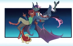 Size: 1280x811 | Tagged: safe, artist:sharkrags, derpibooru import, oc, oc only, oc:penny, oc:quill, anthro, bat pony, earth pony, pony, unguligrade anthro, bat pony oc, clothes, female, night, sky, stars, wings