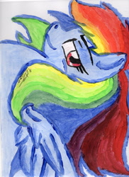 Size: 2550x3510 | Tagged: safe, artist:petanoprime, derpibooru import, rainbow dash, pegasus, pony, female, looking back, mare, signature, smiling, solo, traditional art