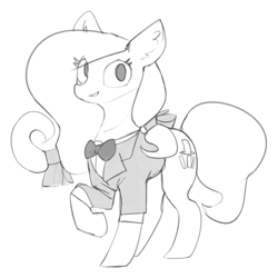 Size: 856x856 | Tagged: safe, artist:redruin01, derpibooru import, oc, earth pony, pony, bow, bowtie, clothes, grin, hair bow, lineart, monochrome, raised hoof, sketch, smiling, solo, suit