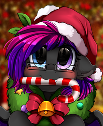 Size: 1446x1764 | Tagged: safe, artist:pridark, derpibooru import, oc, oc:slipspace perigee, bat pony, pony, bat pony oc, bell, blushing, candy, candy cane, christmas, commission, cute, food, hat, heterochromia, holiday, mouth hold, ocbetes, pridark's christmas ponies, santa hat, solo, wreath, ych result