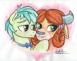 Size: 4179x3305 | Tagged: safe, artist:dantethehuman, sandbar, yona, she's all yak, blushing, cute, female, heart eyes, interspecies, sandabetes, shipping, smiling, straight, traditional art, wingding eyes, yonabar, yonadorable