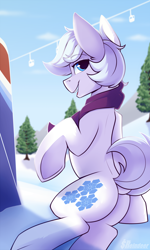 Size: 1500x2500 | Tagged: safe, artist:shadowreindeer, derpibooru import, double diamond, earth pony, pony, butt, clothes, commission, cute, dock, double dawwmond, looking at you, looking back, looking back at you, male, open mouth, plot, scarf, snow, solo, stallion, winter