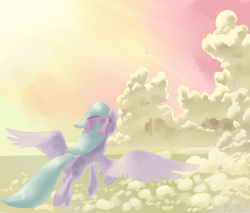 Size: 2000x1700 | Tagged: safe, artist:yo-yall, flitter, cloudsdale, crepuscular rays, flying, solo