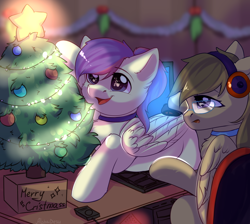 Size: 2732x2448 | Tagged: safe, artist:alphadesu, derpibooru import, oc, oc only, oc:dawnsong, oc:evensong, earth pony, pegasus, pony, behaving like a cat, christmas, christmas tree, collar, computer, computer mouse, female, glasses, headphones, holiday, mare, siblings, sisters, tree, ych result