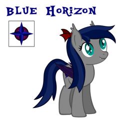 Size: 894x894 | Tagged: safe, artist:ask-bluehorizon, oc, oc only, oc:blue horizon, bat pony, pony, female, hair bow, mare, reference sheet, smiling, solo