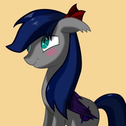 Size: 894x894 | Tagged: safe, artist:ask-bluehorizon, oc, oc only, oc:blue horizon, bat pony, pony, blushing, female, hair bow, mare, smiling, solo