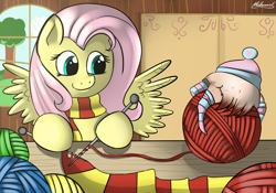 Size: 2000x1400 | Tagged: safe, artist:malamol, fluttershy, pegasus, pony, clothes, crossover, half-life, half-life 2, headcrab, knitting, lamarr, scarf, yarn