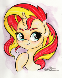 Size: 2892x3652 | Tagged: safe, artist:dantethehuman, sunset shimmer, pony, unicorn, blushing, bust, cute, heart eyes, hoof on chest, pink background, portrait, shimmerbetes, signature, simple background, smiling, solo, traditional art, wingding eyes