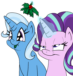 Size: 914x950 | Tagged: safe, artist:bennimarru, derpibooru import, starlight glimmer, trixie, pony, unicorn, christmas, colored, done with your shit, eating, female, flat colors, herbivore, holiday, holly, holly mistaken for mistletoe, leaf, lesbian, magic, magic aura, shipping, simple background, startrix, transparent background