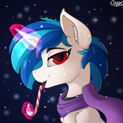 Size: 2500x2500 | Tagged: safe, artist:capseys, derpibooru import, dj pon-3, vinyl scratch, pony, unicorn, bust, candy, candy cane, cheek fluff, clothes, ear fluff, female, food, high res, licking, looking at you, magic, mare, portrait, scarf, solo, telekinesis, tongue out, wrong eye color