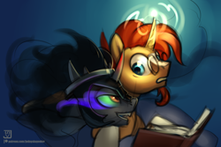 Size: 3000x2000 | Tagged: safe, artist:jedayskayvoker, derpibooru import, king sombra, sunburst, pony, unicorn, blue background, book, dark background, evil, gradient background, looking at each other, magic, male, shy, simple background, stallion