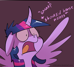 Size: 1193x1077 | Tagged: safe, artist:underpable, derpibooru import, edit, twilight sparkle, twilight sparkle (alicorn), alicorn, pony, school raze, blush sticker, blushing, bow, bust, comic, cropped, curved horn, cute, descriptive noise, evil, female, filly, freckles, gasp, golly, grin, horn, horse noises, implied cozy glow, mare, onomatopoeia, open mouth, pure concentrated unfiltered evil of the utmost potency, pure unfiltered evil, reaction image, shocked, smiling