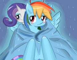 Size: 2086x1634 | Tagged: safe, artist:timorikawa, rainbow dash, rarity, pegasus, pony, unicorn, blanket, featureless crotch, female, lesbian, pixiv, rain, raridash, shipping