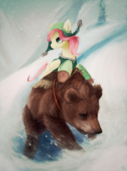 Size: 758x1017 | Tagged: safe, artist:honeyapplecake, fluttershy, harry, bear, pegasus, pony, clothes, duo, flutterbadass, hat, looking away, ponies riding bears, snow