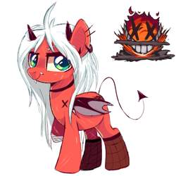 Size: 654x653 | Tagged: safe, artist:peachesandcreamated, derpibooru import, oc, oc only, oc:mayniacal, demon, demon pony, original species, amputee, choker, clothes, devil horns, fangs, fishnet stockings, monster mare, simple background, solo, stockings, thigh highs, white background