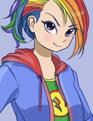 Size: 1235x1600 | Tagged: safe, artist:0cilo, derpibooru import, rainbow dash, human, alternate hairstyle, blue background, bust, clothes, cute, dashabetes, ear piercing, female, hoodie, humanized, looking at you, piercing, ponytail, simple background, solo