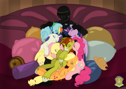 Size: 5408x3856 | Tagged: safe, artist:dolphinfox, applejack, fluttershy, pinkie pie, rainbow dash, rarity, twilight sparkle, twilight sparkle (alicorn), oc, oc:allen sparkle, alicorn, human, pony, cuddle puddle, cuddling, female, mane six, mare, russian, sleeping, soldier