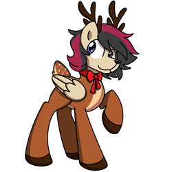 Size: 2000x2000 | Tagged: safe, artist:sugar morning, derpibooru import, oc, oc only, oc:porsche speedwings, deer pony, original species, peryton, reindeer, antlers, blue eyes, bowtie, deer tail, folded wings, hooves, looking at something, looking away, raised hoof, simple background, solo, spots, transparent background, vector, wings