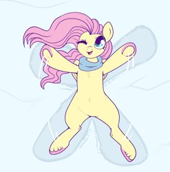 Size: 1064x1077 | Tagged: safe, artist:lulubell, derpibooru import, fluttershy, pegasus, pony, clothes, colored hooves, cute, female, frog (hoof), mare, on back, one eye closed, overhead view, scarf, shyabetes, snow, snow angel, solo, underhoof, unshorn fetlocks