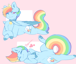 Size: 2048x1748 | Tagged: safe, artist:coonyloony, derpibooru import, rainbow dash, cat, cat pony, original species, pegasus, pony, alternate hairstyle, behaving like a cat, bell, bell collar, chest fluff, collar, cute, dashabetes, ear fluff, eyes closed, heart, no pupils, on back, one eye closed, paws, prone, purring, rainbow cat, solo, two toned wings, wings