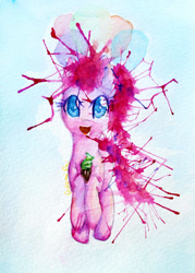 Size: 2884x4020 | Tagged: safe, artist:0okami-0ni, derpibooru import, pinkie pie, earth pony, pony, paint stains, solo, traditional art, watercolor painting