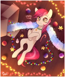 Size: 1820x2160 | Tagged: safe, artist:roole, derpibooru import, roseluck, earth pony, pony, behaving like a cat, candy, candy cane, chest fluff, christmas ornament, collar, cute, cyrillic, decoration, female, food, garland, mare, on back, pet collar, pet tag, pony pet, purring, rosepet, russian