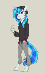 Size: 1000x1650 | Tagged: safe, artist:sinrar, derpibooru import, dj pon-3, vinyl scratch, anthro, unguligrade anthro, unicorn, clothes, peace sign, piercing, simple background, solo