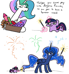 Size: 1029x1110 | Tagged: safe, artist:jargon scott, derpibooru import, princess celestia, princess luna, twilight sparkle, alicorn, pony, unicorn, burning, cute, dialogue, female, fireworks, magic, mare, pure unfiltered evil, some mares just want to watch the world burn, sparkler (firework), telekinesis, this will end in fire, this will end in tears and/or a journey to the moon, twiabetes, twibitch sparkle, twiggie