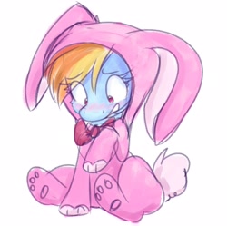 Size: 2167x2160 | Tagged: safe, artist:littleblackraencloud, derpibooru import, rainbow dash, pegasus, pony, animal costume, blushing, bowtie, bunny costume, clothes, costume, cute, dashabetes, embarrassed, female, footed sleeper, high res, kigurumi, mare, pajamas, simple background, sitting, solo, white background