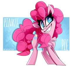 Size: 1768x1615 | Tagged: safe, artist:nekosnicker, derpibooru import, pinkie pie, earth pony, pony, abstract background, chest fluff, simple background, smiling, solo, text