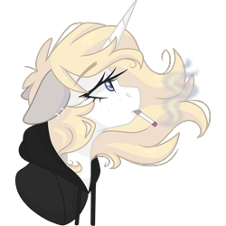 Size: 2048x2048 | Tagged: safe, artist:cinnamontee, derpibooru import, oc, oc:tegan, pony, unicorn, bust, cigarette, clothes, ear piercing, earring, female, floppy ears, hoodie, jewelry, mare, piercing, portrait, simple background, smoking, solo, transparent background