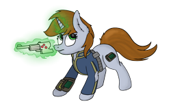 Size: 3254x2060 | Tagged: safe, artist:aaathebap, derpibooru import, oc, oc only, oc:littlepip, pony, unicorn, fallout equestria, clothes, fanfic, fanfic art, female, glowing horn, gun, handgun, hooves, horn, levitation, little macintosh, magic, mare, optical sight, pipbuck, revolver, scope, simple background, solo, telekinesis, transparent background, vault suit, weapon