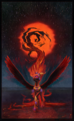 Size: 1024x1662 | Tagged: safe, artist:cosmicunicorn, nightmare star, princess celestia, alicorn, pony, lava, raised hoof, red sun, solo, spread wings, stars, sun